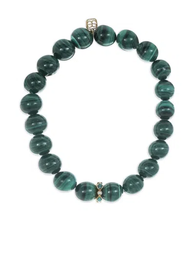 Sydney Evan 14k Yellow Gold Diamond And Malachite Bead Bracelet In Green