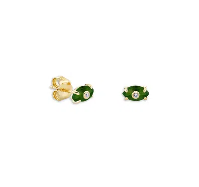 Sydney Evan 14k Yellow Gold Diamond & Nephrite Jade Tiny Carved Stone Bezel Protective Eye Stud Earrings, 0.01 T