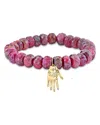Sydney Evan 14k Yellow Gold Diamond & Red Moonstone Protective Eye Hand Charm Beaded Bracelet In Pink