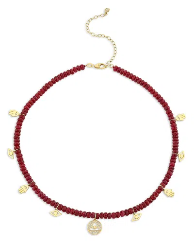 Sydney Evan 14k Yellow Gold Diamond & Ruby Bead Icon Charm Necklace, 16-19 In Burgundy