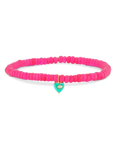 Sydney Evan 14k Yellow Gold Diamond & Turquoise Heart Charm Hot Pink Ethiopian Bead Stretch Bracelet
