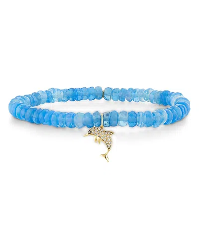 Sydney Evan 14k Yellow Gold Diamond Dolphin Charm Ethiopian Opal Beaded Stretch Bracelet In Blue