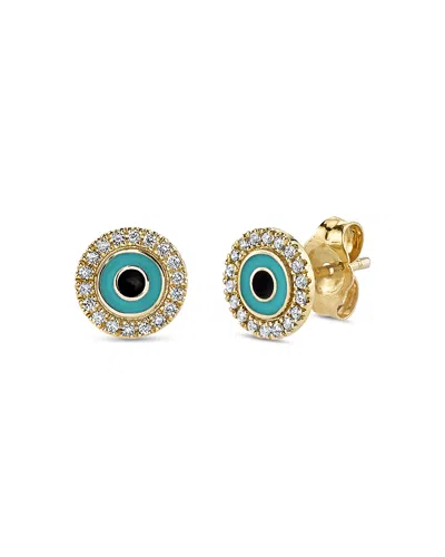 Sydney Evan 14k Yellow Gold Diamond Evil Eye Disc Stud Earrings In Brown