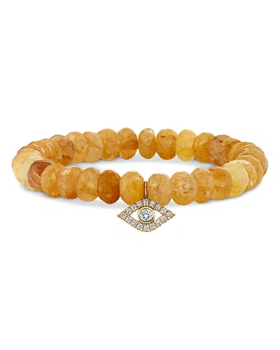 Sydney Evan 14k Yellow Gold Diamond Evil Eye Orange Quartz Bead Stretch Bracelet