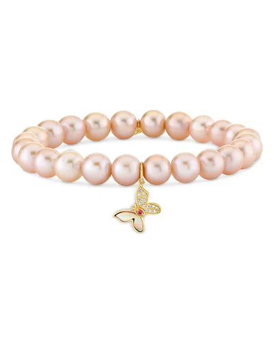 Sydney Evan 14k Yellow Gold Diamond Glinda Butterfly Charm Freshwater Rose Pearl Stretch Bracelet In Pink