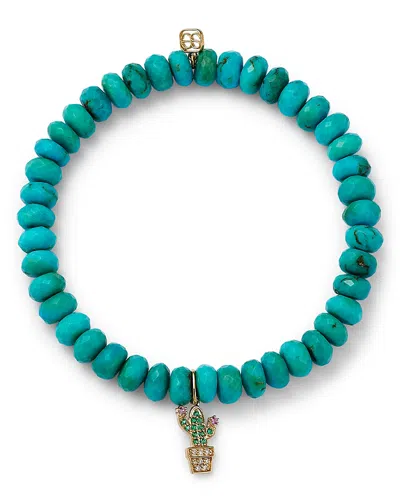 Sydney Evan 14k Yellow Gold Diamond, Pink Sapphire & Emerald Potted Plant Charm Beaded Bracelet In Blue