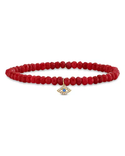 Sydney Evan 14k Yellow Gold Diamond, Sapphire & Dark Red Jade Protective Eye Charm Beaded Bracelet