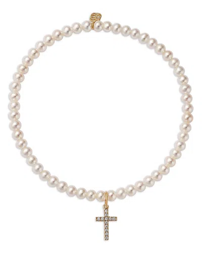 Sydney Evan 14k Yellow Gold Diamond Small Cross Charm Freshwater Pearl Beaded Bracelet, 0.06 Ct. T. W. In Neutral