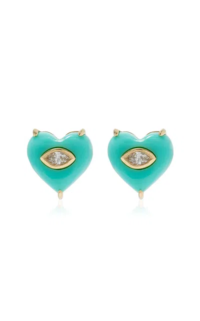 Sydney Evan 14k Yellow Gold Diamond Turqoise Earrings In Blue
