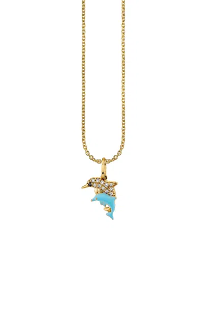 Sydney Evan 14k Yellow Gold Dolphin Family Charm Necklace In Blue