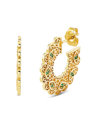 Sydney Evan 14k Yellow Gold Emerald Filigree Hoop Earrings In Green/gold