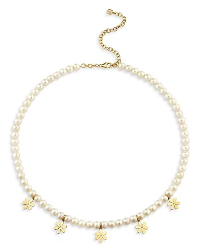 Sydney Evan 14k Yellow Gold Freshwater Pearl & Diamond Flower Dangle Collar Necklace, 18 In White