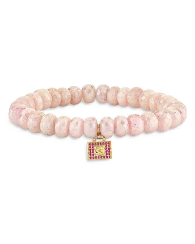 Sydney Evan 14k Yellow Gold Glinda Luggage Charm Pink Beaded Bracelet
