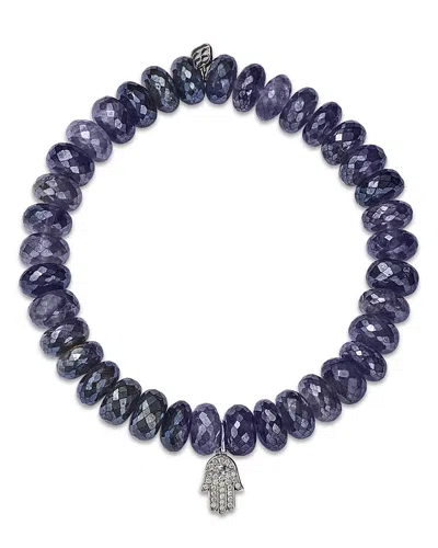 Sydney Evan 14k Yellow Gold Mini Diamond Pave Hamsa Charm Beaded Bracelet In Blue