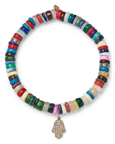 Sydney Evan 14k Yellow Gold Mini Diamond Pave Hamsa Charm Multicolor Beaded Bracelet