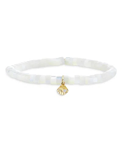 Sydney Evan 14k Yellow Gold Mother Of Pearl Diamond Clam Shell Charm Bracelet In Metallic