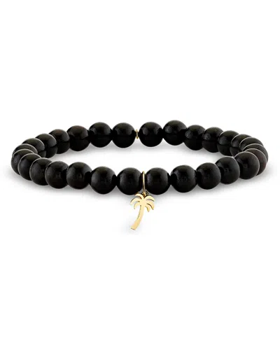 Sydney Evan 14k Yellow Gold Palm Tree Charm Ebony Beaded Bracelet In Black/gold