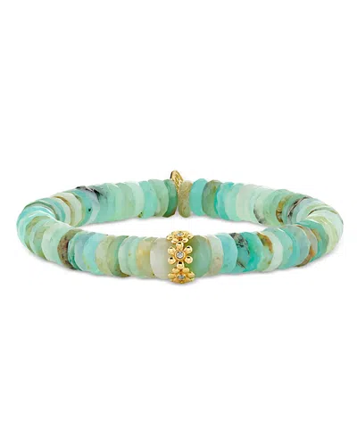 Sydney Evan 14k Yellow Gold Peruvian Opal & Diamond Daisy Beaded Stretch Bracelet In Green/gold