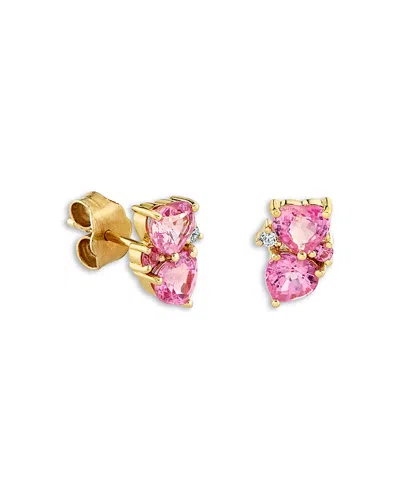 Sydney Evan 14k Yellow Gold Pink Sapphire & Diamond Double Heart Stud Earrings
