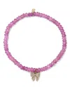 Sydney Evan 14k Yellow Gold Pink Sapphire Rondelle & Diamond Bow Charm Stretch Bracelet