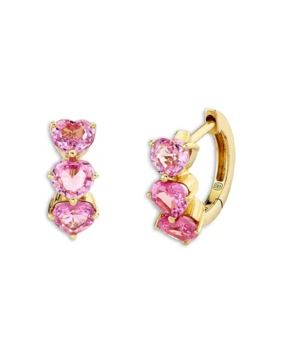 Sydney Evan 14k Yellow Gold Pink Sapphire Triple Heart Huggie Hoop Earrings