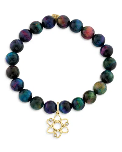 Sydney Evan 14k Yellow Gold Rainbow Tiger Eye & Diamond Cosmos Charm Bracelet In Multi