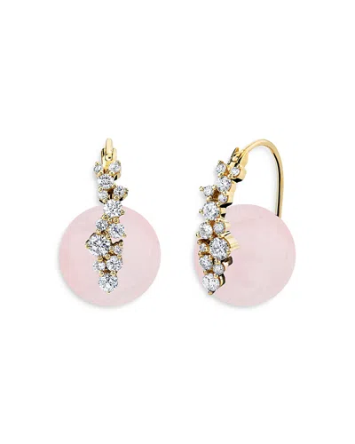 Sydney Evan 14k Yellow Gold Rose Quartz Bead & Diamond Huggie Hoop Earrings In Pink