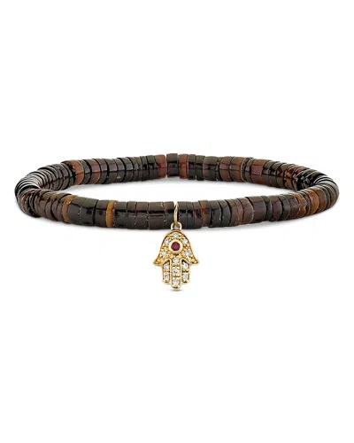 Sydney Evan 14k Yellow Gold The Solara Heishi Rondelle & Diamond & Ruby Hamsa Hand Charm Bead Bracelet In Red