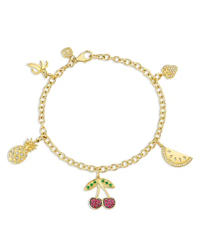 Sydney Evan 14k Yellow Gold The Terra Ruby, Emerald, & Diamond Fruit Charm Bracelet In Transparent