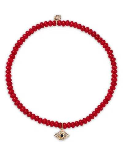 Sydney Evan 14k Yellow Gold Tiny Bezel Evil Eye Charm Bracelet In Red