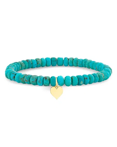 Sydney Evan 14k Yellow Gold Tiny Pure Heart Charm Turquoise Bead Bracelet In Multi