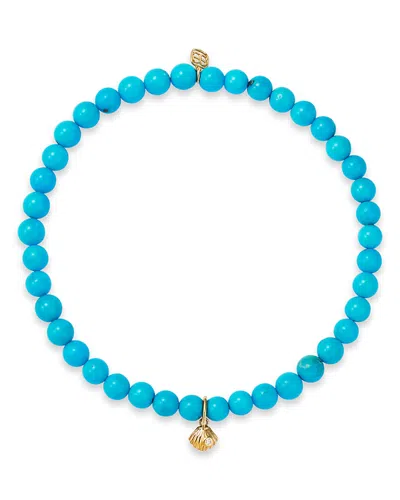 Sydney Evan 14k Yellow Gold Turquoise & Diamond Accent Tiny Clam Shell Stretch Bracelet In Blue