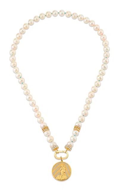 Sydney Evan 14k Yellow Gold Venus Coin On Freshwater Pearl Beaded Necklace In White