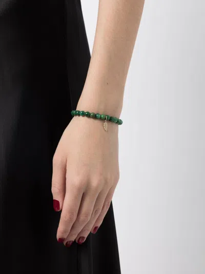 Sydney Evan 14k Yellow Gold Verdite Feather Beaded Bracelet In Green