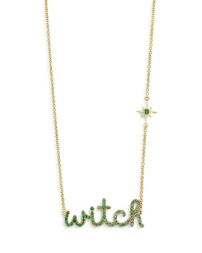 Sydney Evan 14k Yellow Gold Emerald Witch Script Pendant Necklace, 18 In Gold/green