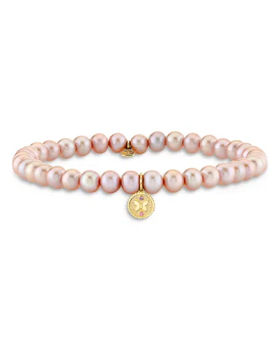Sydney Evan 14k Yellow Gold Wicked Glinda Butterfly Charm Pink Freshwater Pearl Bracelet In Pink/ Gold