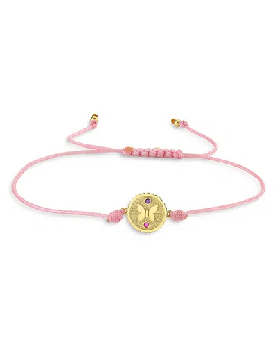 Sydney Evan 14k Yellow Gold Wicked Glinda Butterfly Tiny Coin Charm Cord Bracelet In Pink