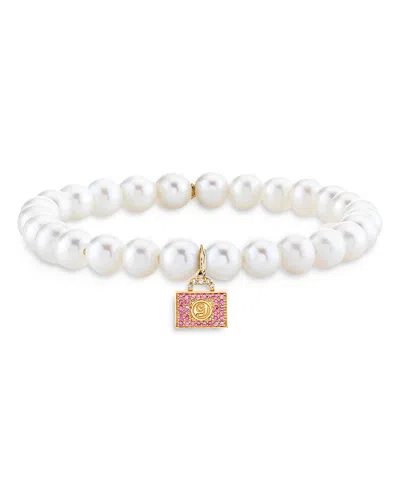 Sydney Evan 14k Yellow Gold Wicked Glinda Pink Sapphire Luggage Charm Freshwater Pearl Bracelet In Pink/ White