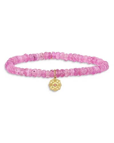 Sydney Evan 14k Yellow Wicked Glinda Pure Flower Charm Pink Beaded Bracelet In Gold