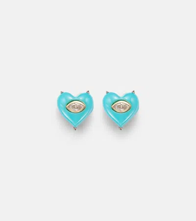 Sydney Evan 14kt Gold (585/1000) Stud Earrings With Diamonds And Turquoises In Blue