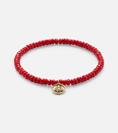 Sydney Evan 14kt Gold Beaded Bracelet With Coral And Diamond In Red