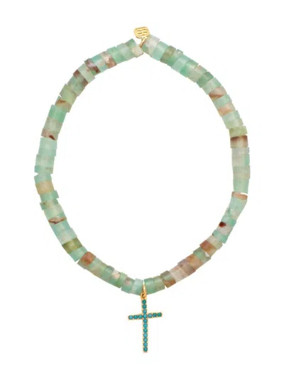 Sydney Evan 14kt Yellow Gold Cross-charm Aquaprase And Turquoise Bracelet