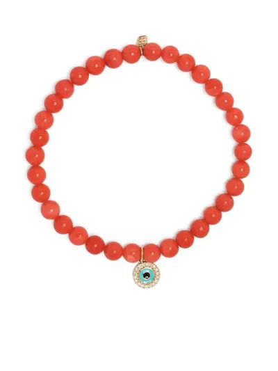 Sydney Evan 14kt Yellow Gold Evil Eye Coral Beaded Bracelet In Orange