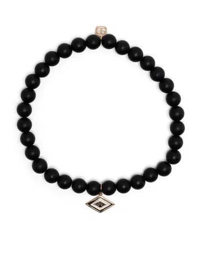 Sydney Evan 14kt Yellow Gold Groovy Eye Onyx Beaded Bracelet In Black
