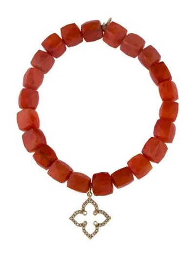 Pre-owned Sydney Evan Carnelian & Diamond Quatrefoil Charm Bead Bracelet, 6.5", 6.5" In Multi