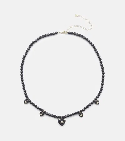 Sydney Evan Carved Heart 14kt Gold Beaded Necklace With Diamonds And Onyx In Black