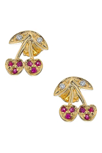 Sydney Evan Cherry Stud Earrings In Gold & Ruby