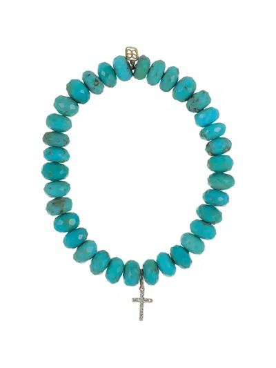 Sydney Evan Cross Charm Diamond And Turquoise Bracelet In Blue