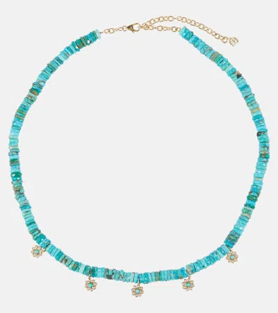 Sydney Evan Daisy 14kt Gold Beaded Necklace With Diamonds In Turquoise