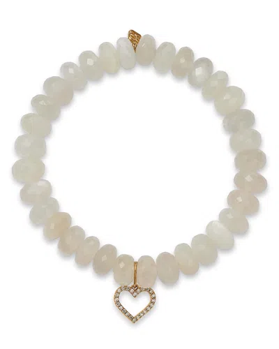 Sydney Evan Diamond Open Heart Charm White Moonstone Beaded Bracelet In Gold